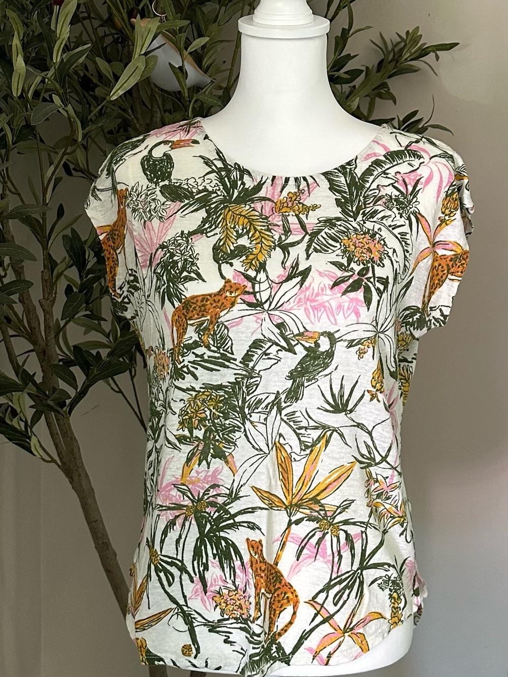 Rachel Zoe Linen White Tropical Print Cap Sleeve Top with Pink & Green